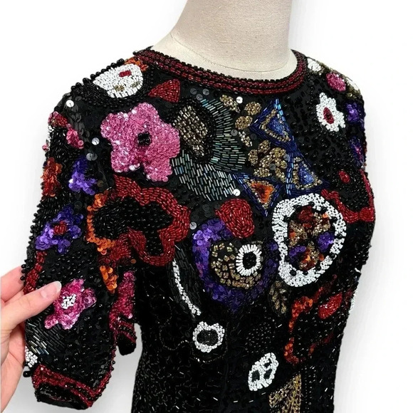 Vintage Retro 80's Silk Hand Beaded Sequin Black Niteline Evening Midi Dress 12 - Picture 1 of 13